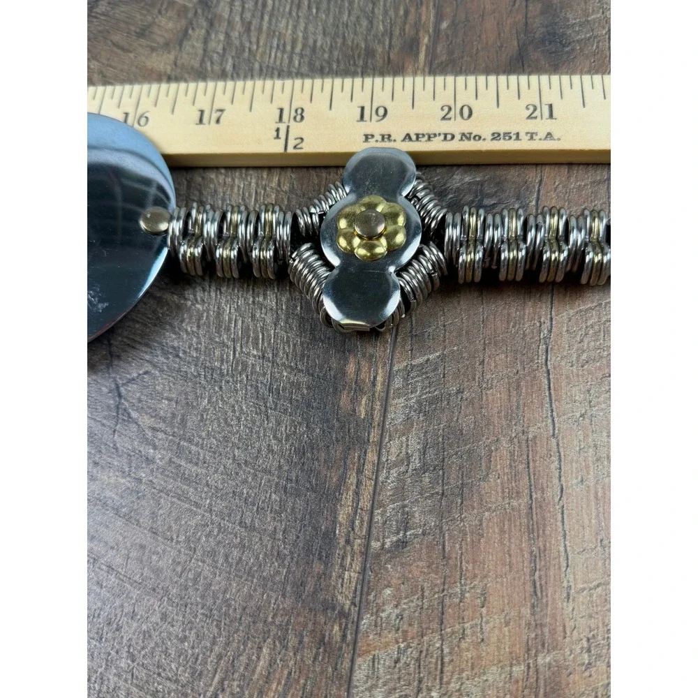 Vintage 80s‎ Black Cord Belt Silver Coil Spring Chain Disc Flower Made Korea